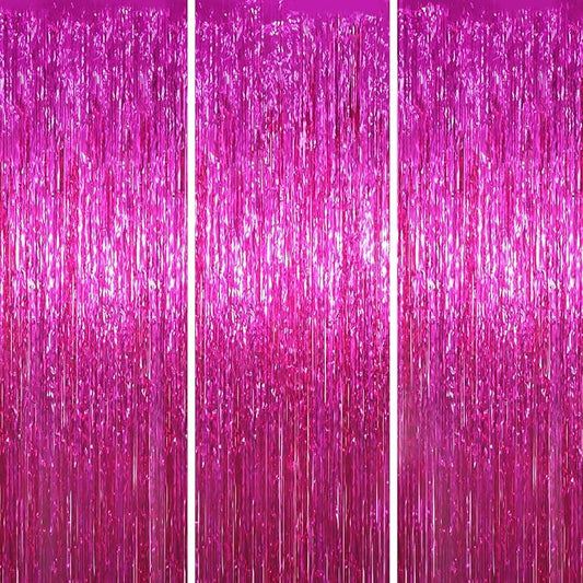 Voircoloria 3 Pack 3.3x8.2 Feet Pink Foil Fringe Backdrop Curtains,