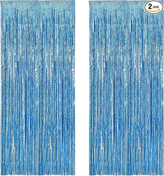 BRAVESHINE Light Blue Tinsel Foil Fringe Curtains - 2Pcs 3.2x8.2 ft
