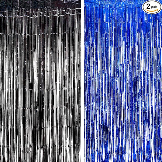 BRAVESHINE Foil Fringe Curtains - Black Blue Metallic Tinsel Photo