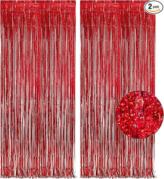 GREATRIL Red Fringe Curtains Party Streamers Backdrop Foil Tinsel