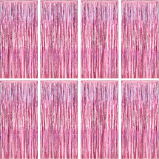 8 Pack Pink Backdrop, 3.28 FT x 7.05 FT Fringe Curtains, Metallic