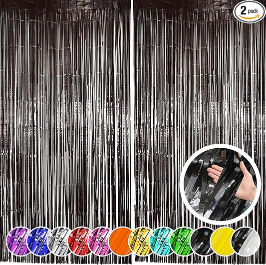 2 Pack Black Fringe Curtain Backdrop Black Streamers Halloween