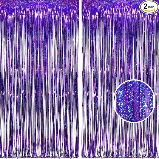 Purple Tinsel Foil Fringe Curtains - 2Pcs 3.2x8.2ft Party