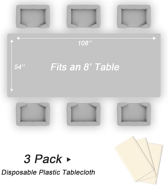 QIKSION Ivory Plastic Table Cloth Disposable 3 Pack, 54 x 108 Inch