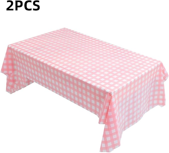 2 Packaging Pink Square Grid Plastic Tablecloth, 54 inch x108 inch