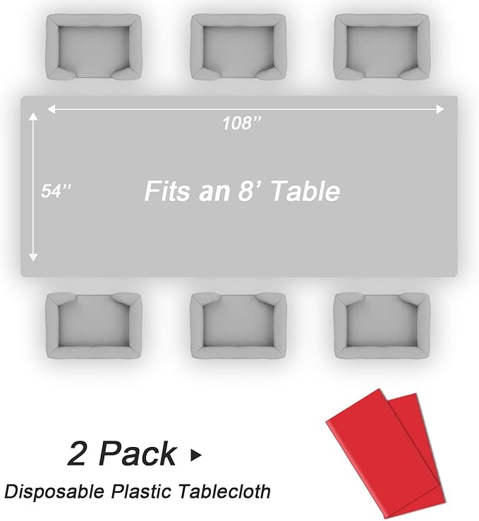 QIKSION Red Plastic Table Cloth Disposable 2 Pack, 54 x 108 Inch