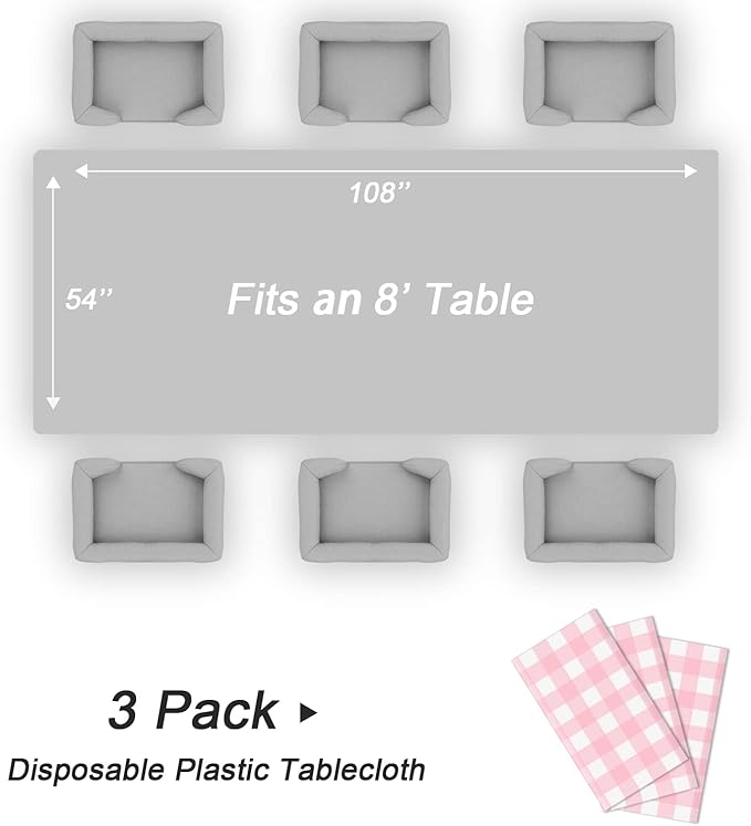 QIKSION Pink Gingham Tablecloth Disposable 3 Pack, 54 x 108 Inch Pink