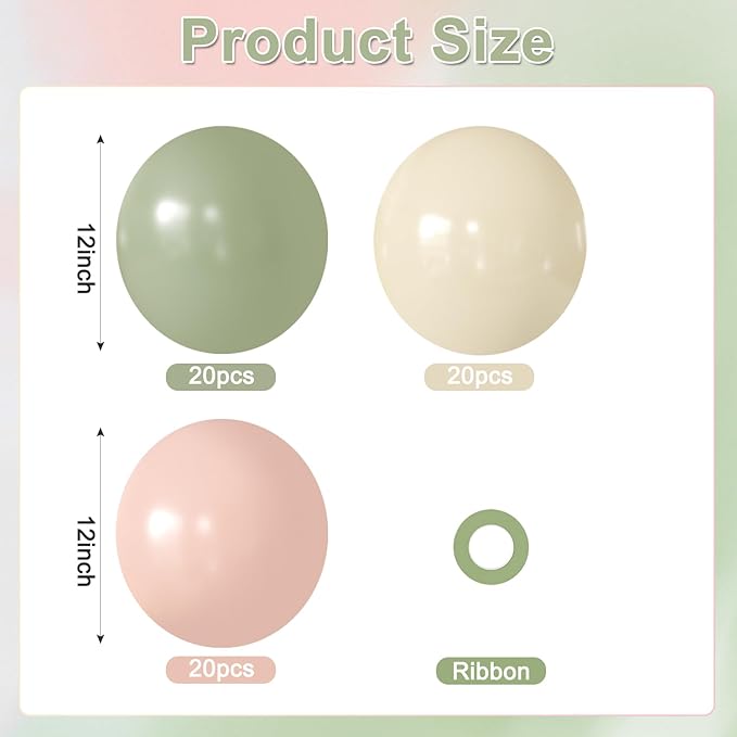 Sage Green Pink White Balloons, 60Pcs 12 Inch Pink and Green Balloons
