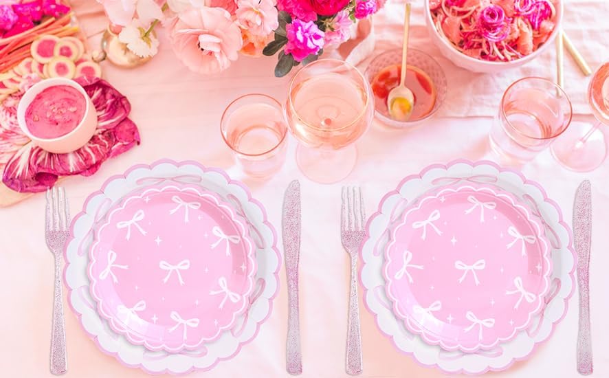 161PCs Pink Bow Party Supplies Pink Coquette Plates Napkins Cups