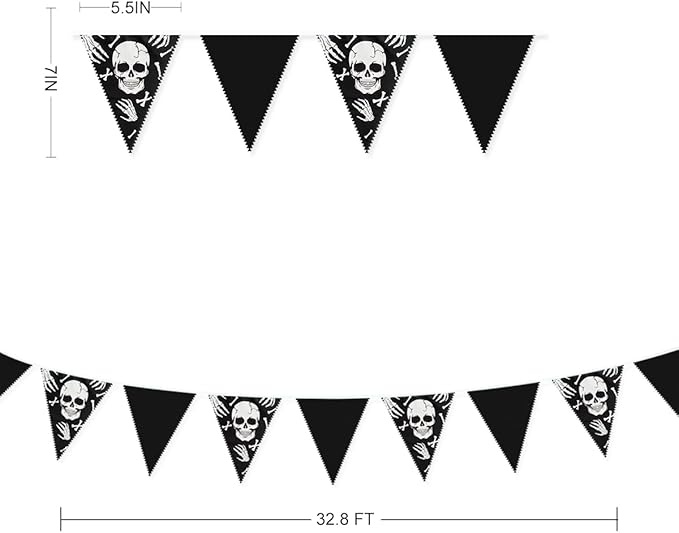 32Ft Black White Halloween Party Decorations Skull Fabric Pennant