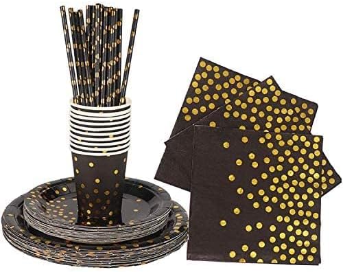 142 piece black and gold party supply set Gold polka dot party