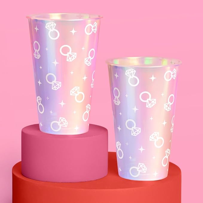 xo Fetti Iridescent Engagement Ring Plastic Cups 16 pcs 16 oz