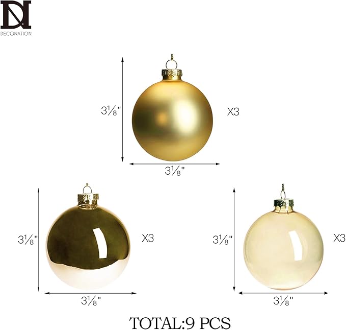 DN DECONATION Gold Glass Christmas Ornaments, Set of 9, 3.15' Hanging