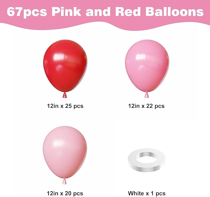 Red and Pink Balloons, Valentines Balloons, 67pcs 12 Inch Pink and