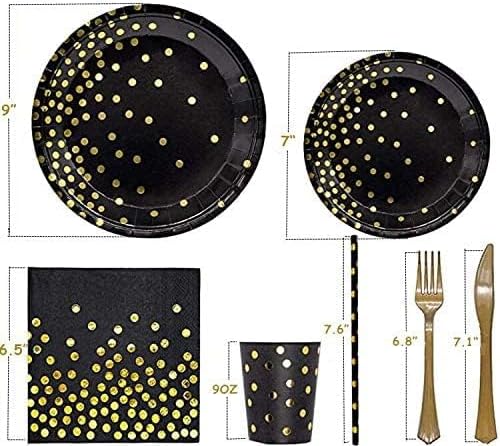 142 piece black and gold party supply set Gold polka dot party