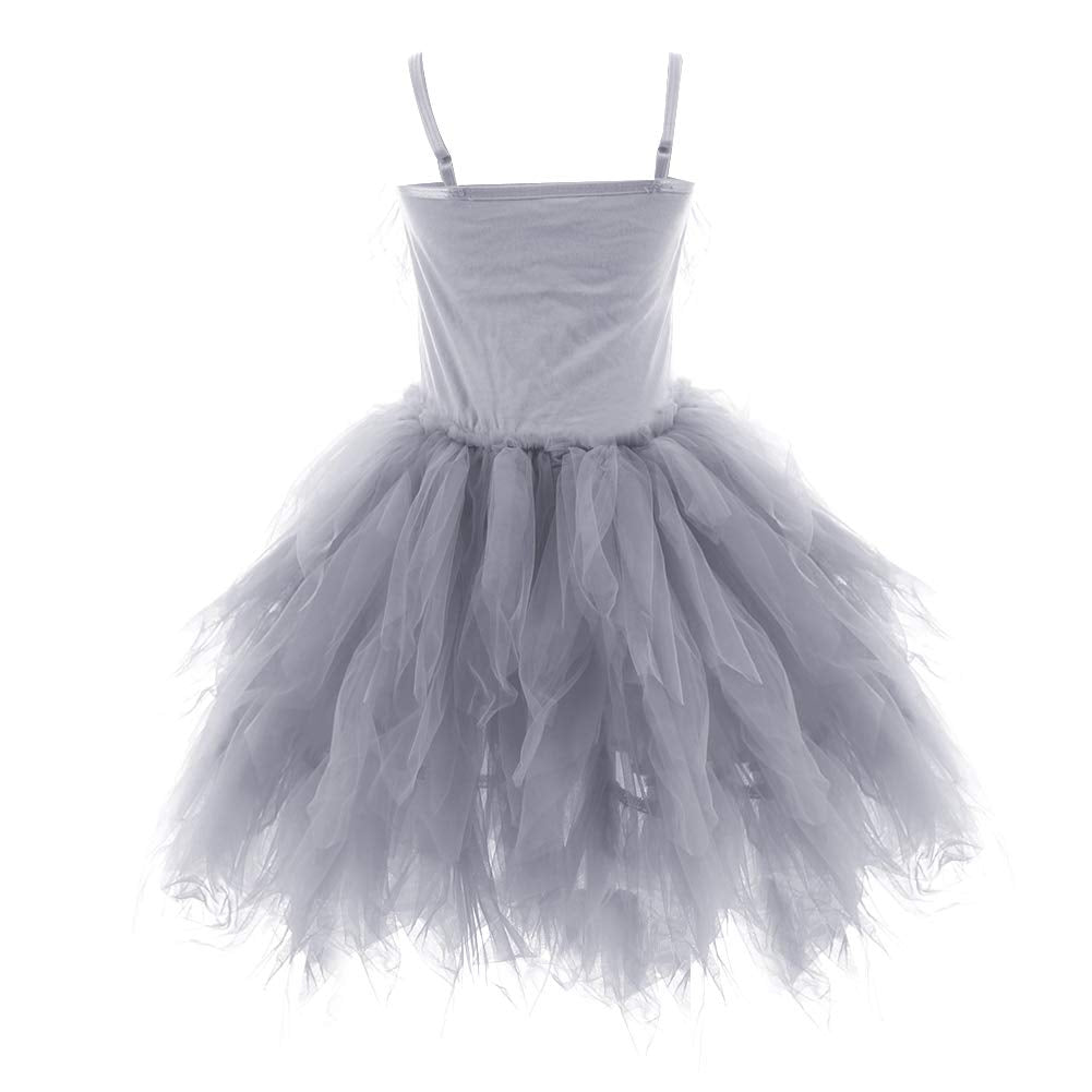 Kids Girls Spaghetti Strap Lace Feather Fringes Tutu Tulle Swan