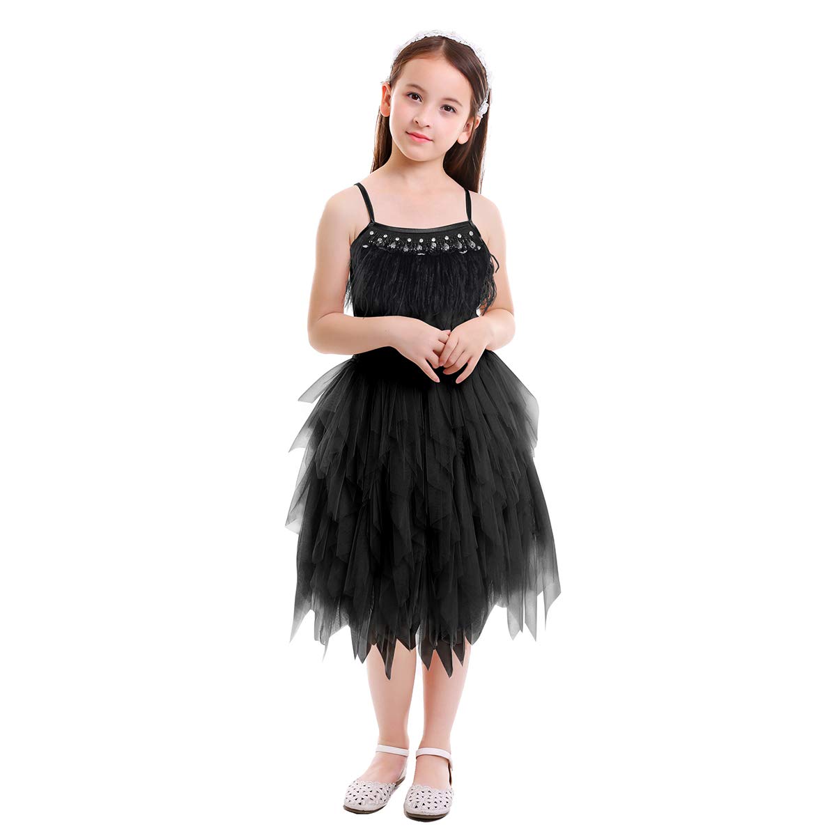 Kids Girls Spaghetti Strap Lace Feather Fringes Tutu Tulle Swan