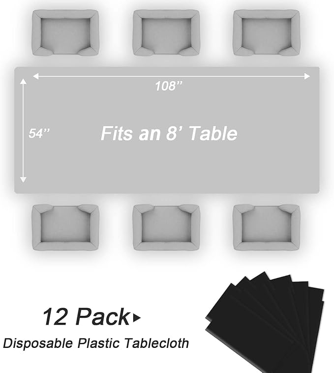 QIKSION Black Plastic Table Cloth Disposable 12 Pack, 54 x 108 Inch