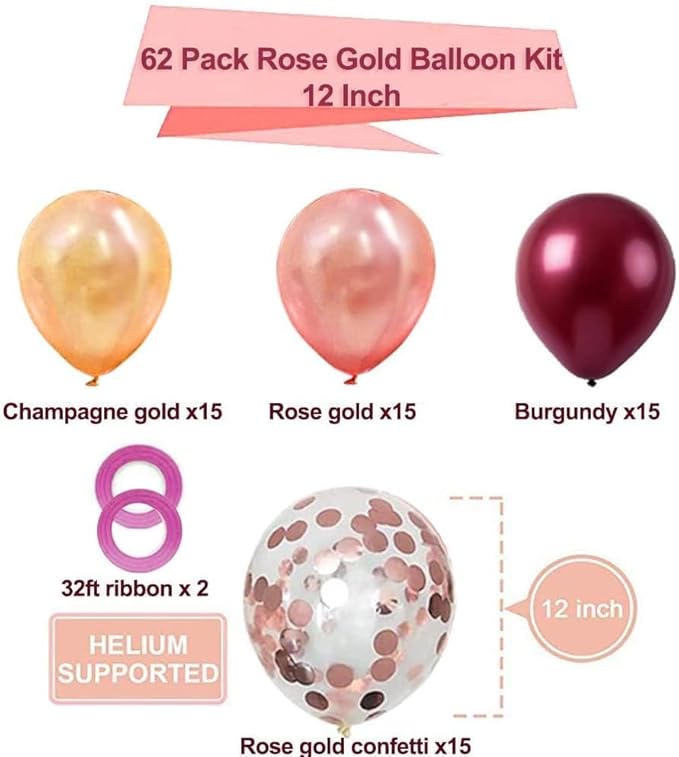 OuMuaMua Rose Gold Balloons Burgundy Balloons Kit, 62Pcs Burgundy