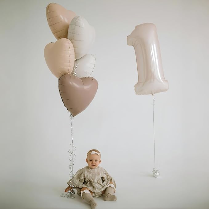 40 Inch Cream 1 Balloon Decor, Beige Tan Brown Heart Balloons, Foil
