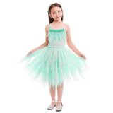 Kids Girls Spaghetti Strap Lace Feather Fringes Tutu Tulle Swan