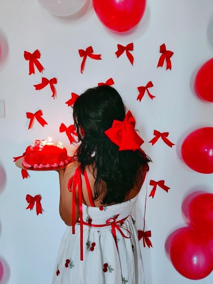 Red Bow Birthday Decorations, Red Happy Birthday Banner with Satin