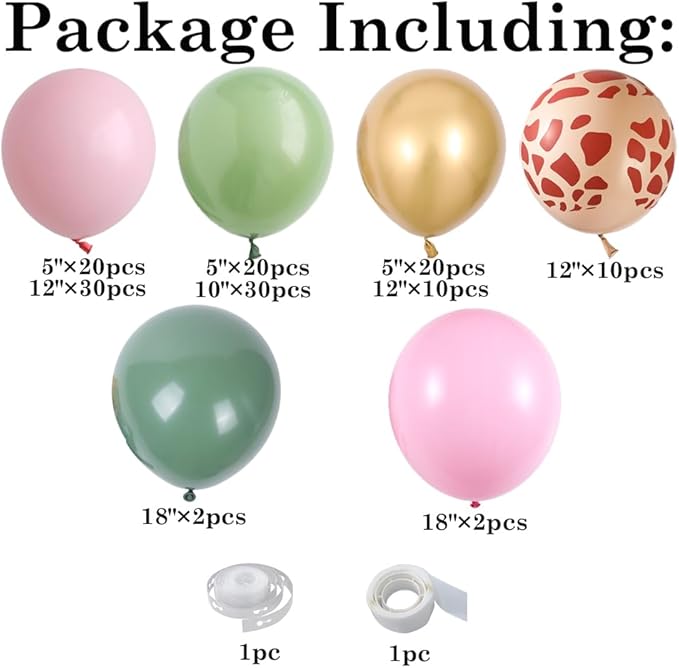 Pink Jungle Safari Balloon Garland Arch Kit 144pcs Sage Green and