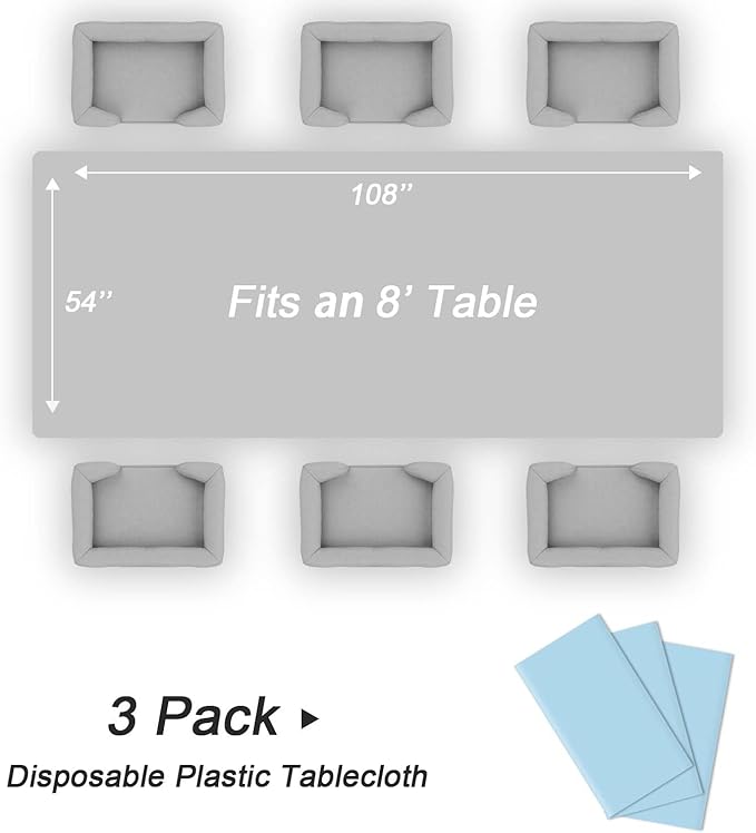 QIKSION Light Blue Plastic Table Cloth Disposable 3 Pack, 54 x 108