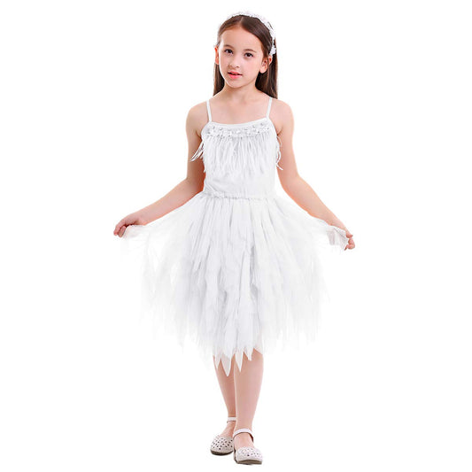 Kids Girls Spaghetti Strap Lace Feather Fringes Tutu Tulle Swan