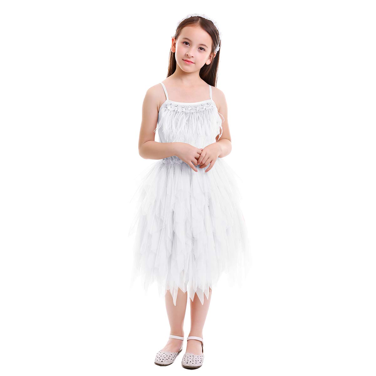 Kids Girls Spaghetti Strap Lace Feather Fringes Tutu Tulle Swan