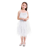 Kids Girls Spaghetti Strap Lace Feather Fringes Tutu Tulle Swan