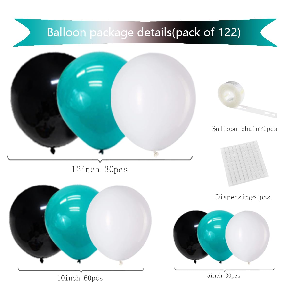 Teal Blue Black White Balloon Garland Arch Kit, 122PCS Teal Blue White