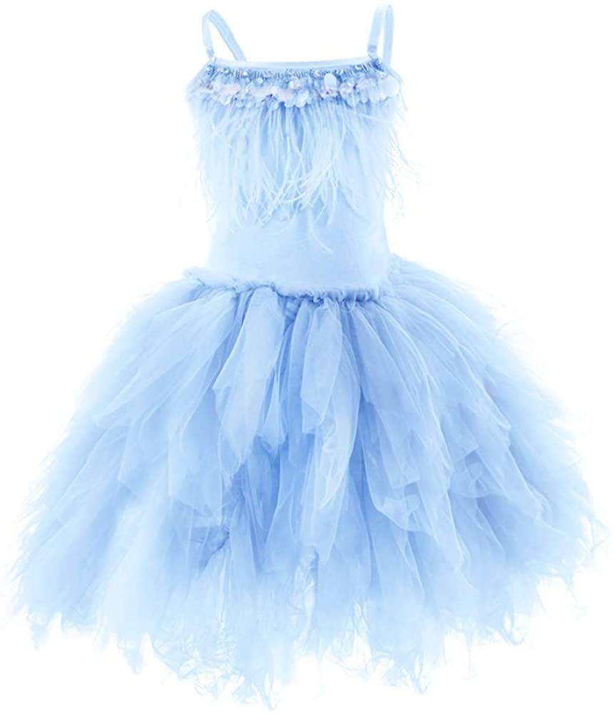 Kids Girls Spaghetti Strap Lace Feather Fringes Tutu Tulle Swan
