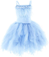 Kids Girls Spaghetti Strap Lace Feather Fringes Tutu Tulle Swan