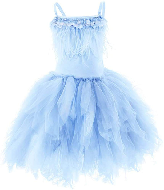 Kids Girls Spaghetti Strap Lace Feather Fringes Tutu Tulle Swan