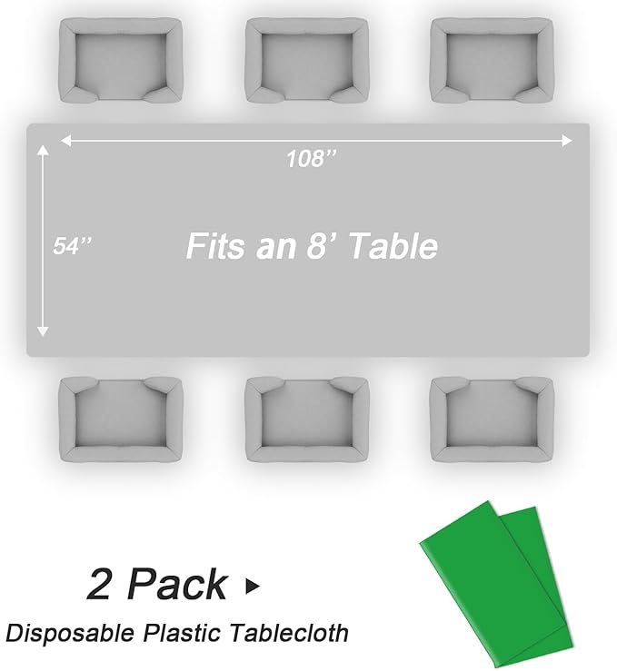 QIKSION Green Plastic Table Cloth Disposable 2 Pack, 54 x 108 Inch