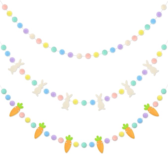 Easter Decorations Bunny Rabbit Banner Pastel Rainbow Pom Pom