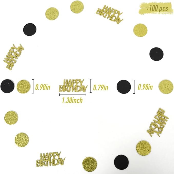 Happy Birthday Confetti, Glitter Gold and Black Birthday Table