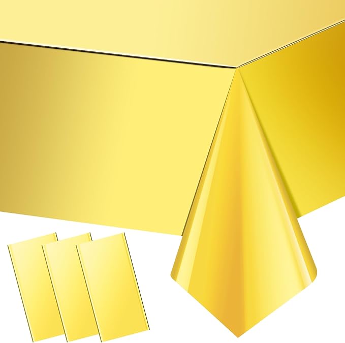 3 Pack Gold Plastic Tablecloth, Disposable Rectangle Table Covers,