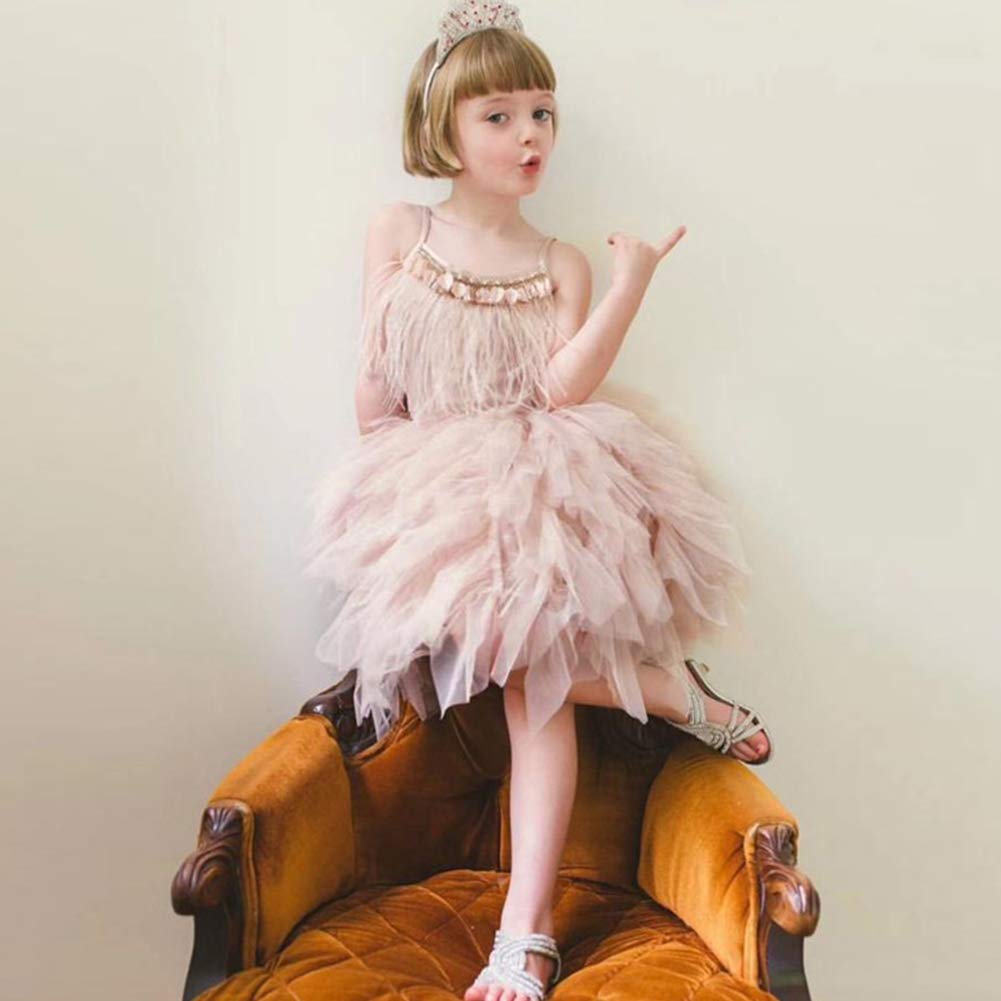 Kids Girls Spaghetti Strap Lace Feather Fringes Tutu Tulle Swan
