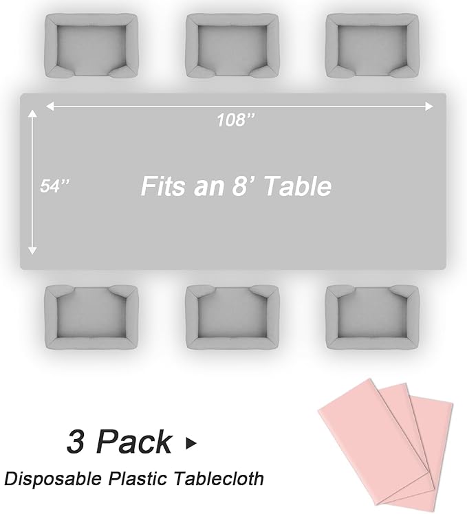 QIKSION Blush Pink Plastic Table Cloth Disposable 3 Pack, 54 x 108