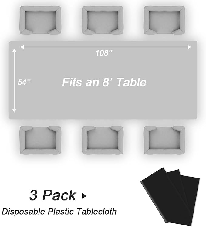 QIKSION Black Plastic Table Cloth Disposable 3 Pack, 54 x 108 Inch