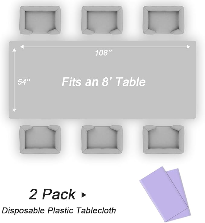 QIKSION Lavender Plastic Table Cloth Disposable 2 Pack, 54 x 108 Inch