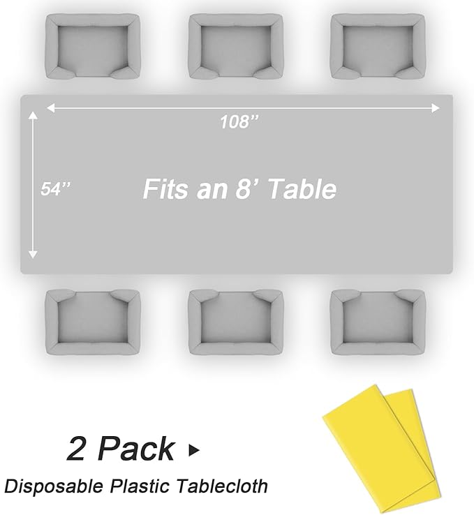 QIKSION Yellow Plastic Table Cloth Disposable 2 Pack, 54 x 108 Inch