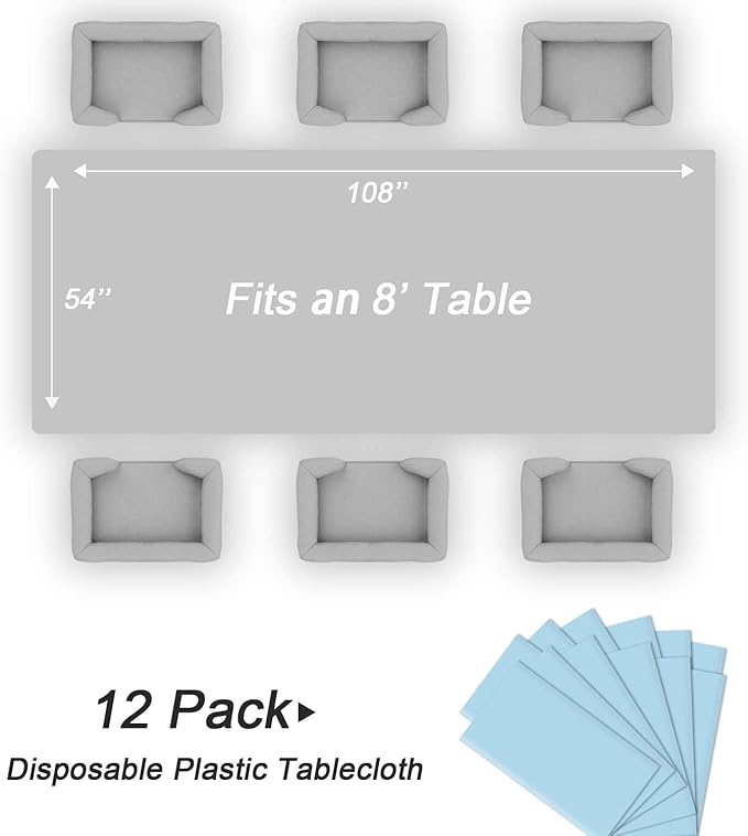 QIKSION Light Blue Plastic Table Cloth Disposable 12 Pack, 54 x 108
