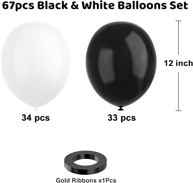 Black and White Balloons, 67pcs 12 Inch White Black Thickened Latex