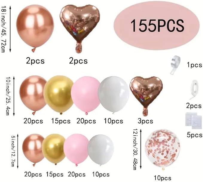 155pcs Rose Gold Balloon Arch Kit Metal Rose Gold Metal White Pink