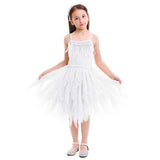 Kids Girls Spaghetti Strap Lace Feather Fringes Tutu Tulle Swan