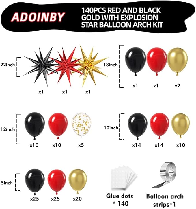Red and Black Gold Balloon Arch Kit, 140Pcs Explosion Star Black and