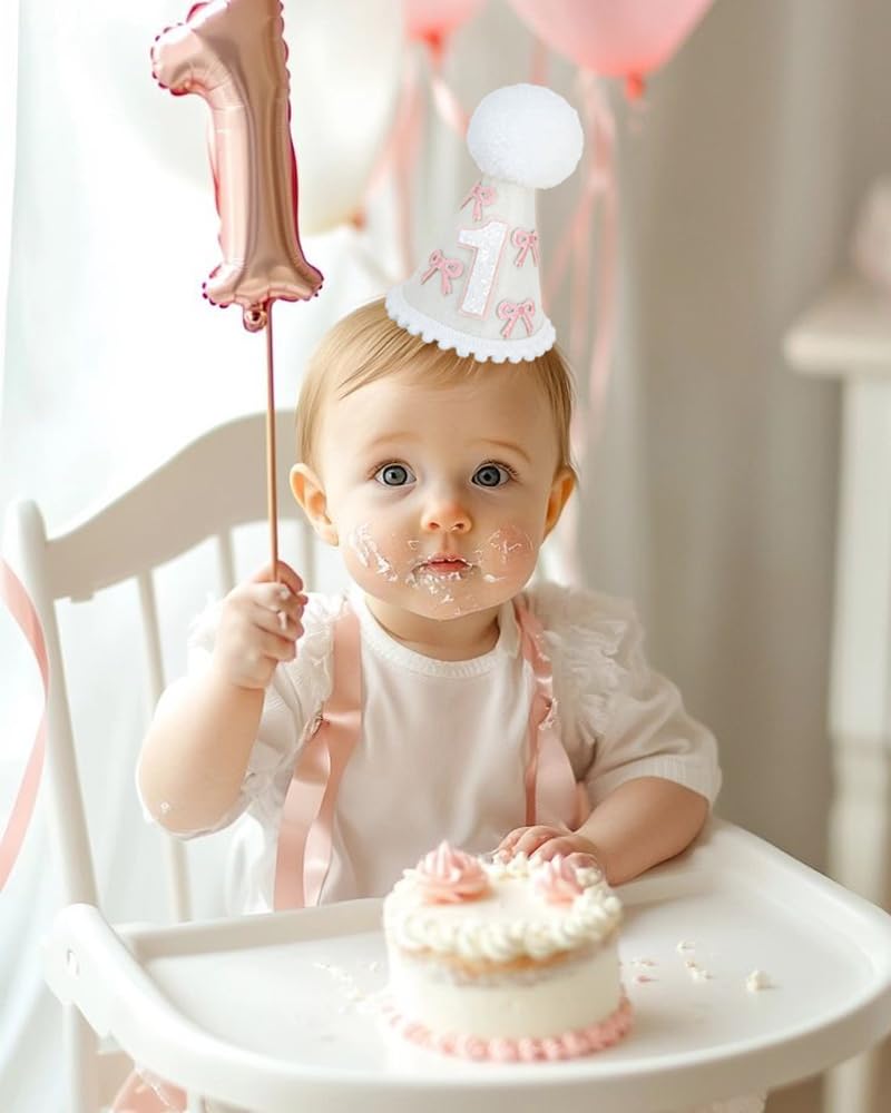 Ereniko White Pink Bow Party Hat First Birthday Hat Girl 1 Birthday